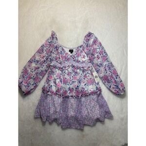 B Darlin Floral Print Smocked Puff Sleeve Ruffle Mini Dress Women's Size 5/6